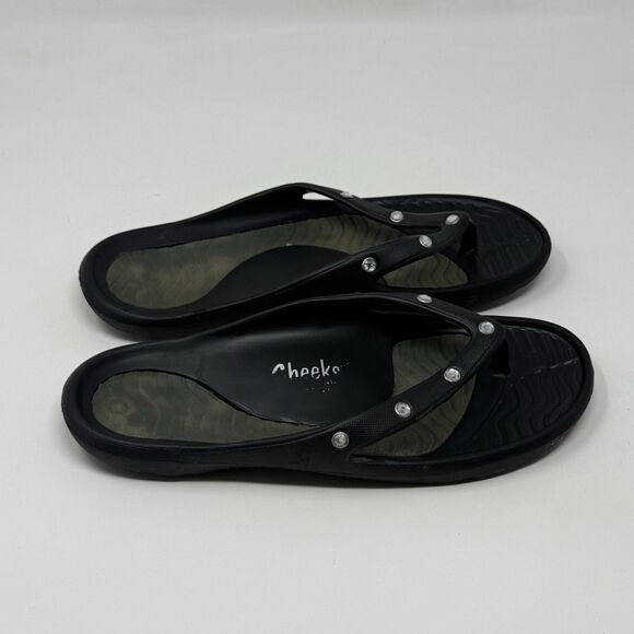 Cheeks Tony Little Exercise Sandals Womens 7 Black Rhinestones Thong Comfort - Picture 1 of 15